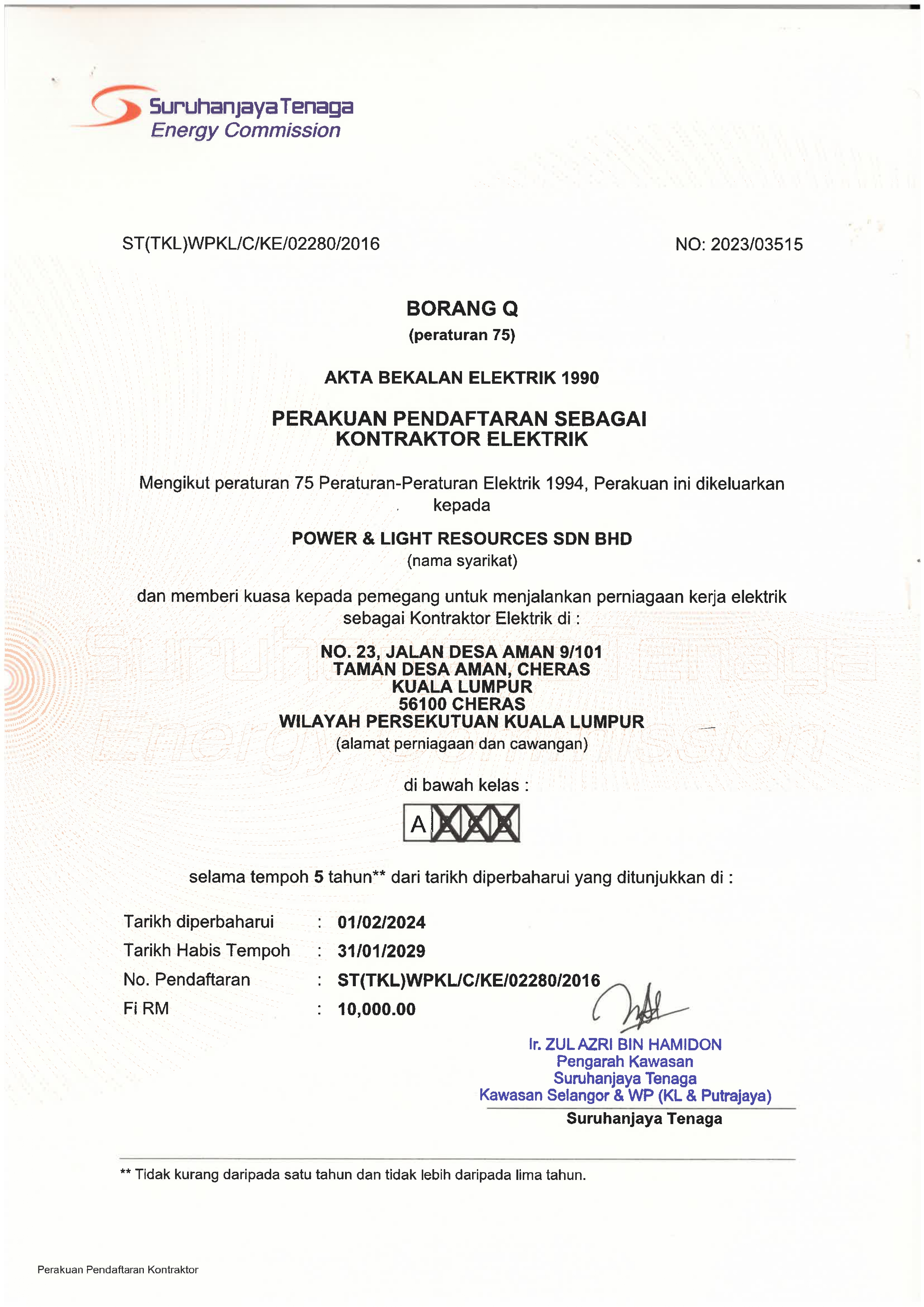 Suruhanjaya Tenaga Class A Contractor